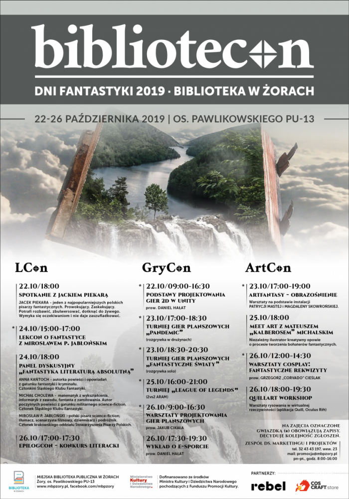 Plakat projektu "Bibliotecon - dni fantastyki 2019" z harmonogramem wydarzeń.